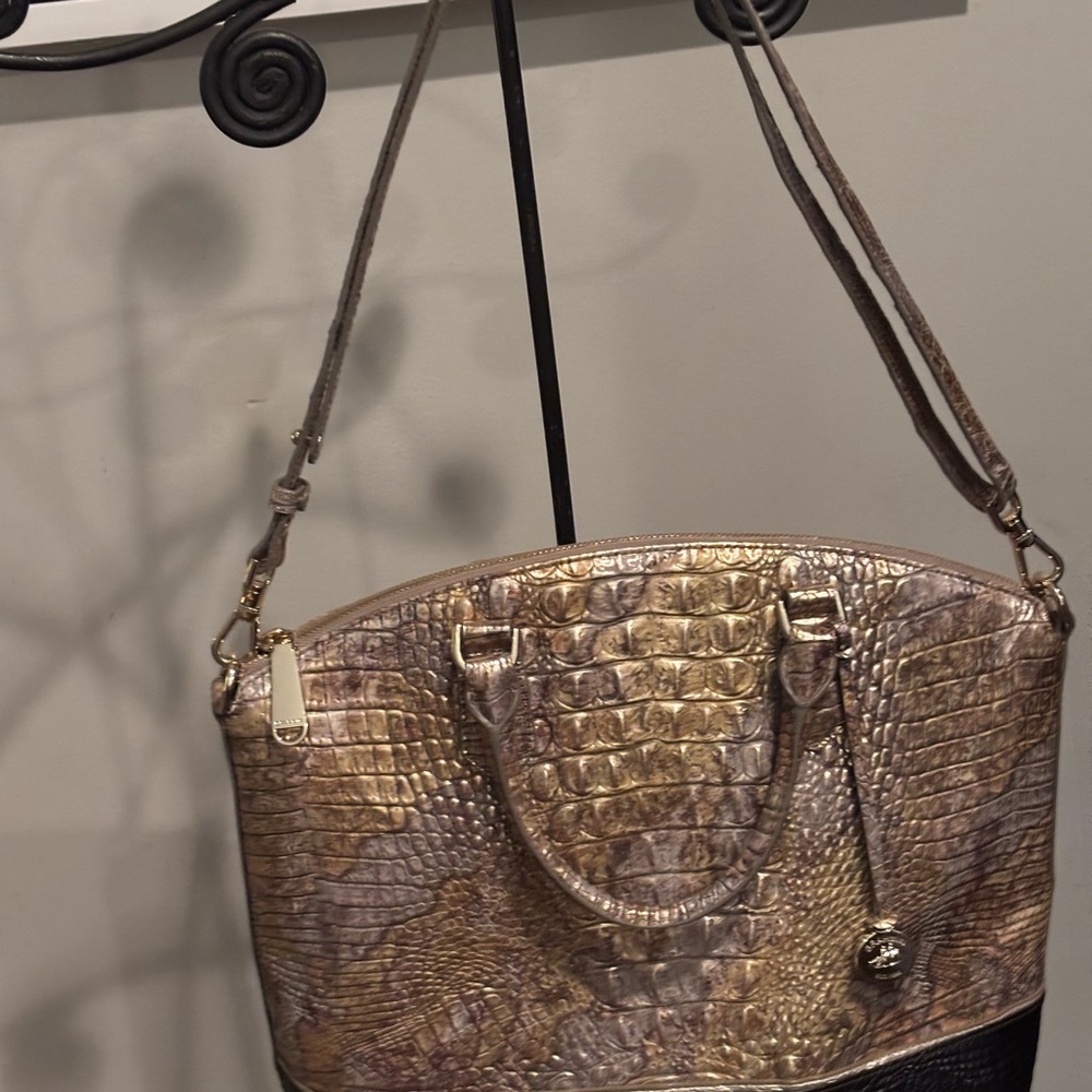 Brahmin Gold and Black Croc-Embossed Shoulder Bag